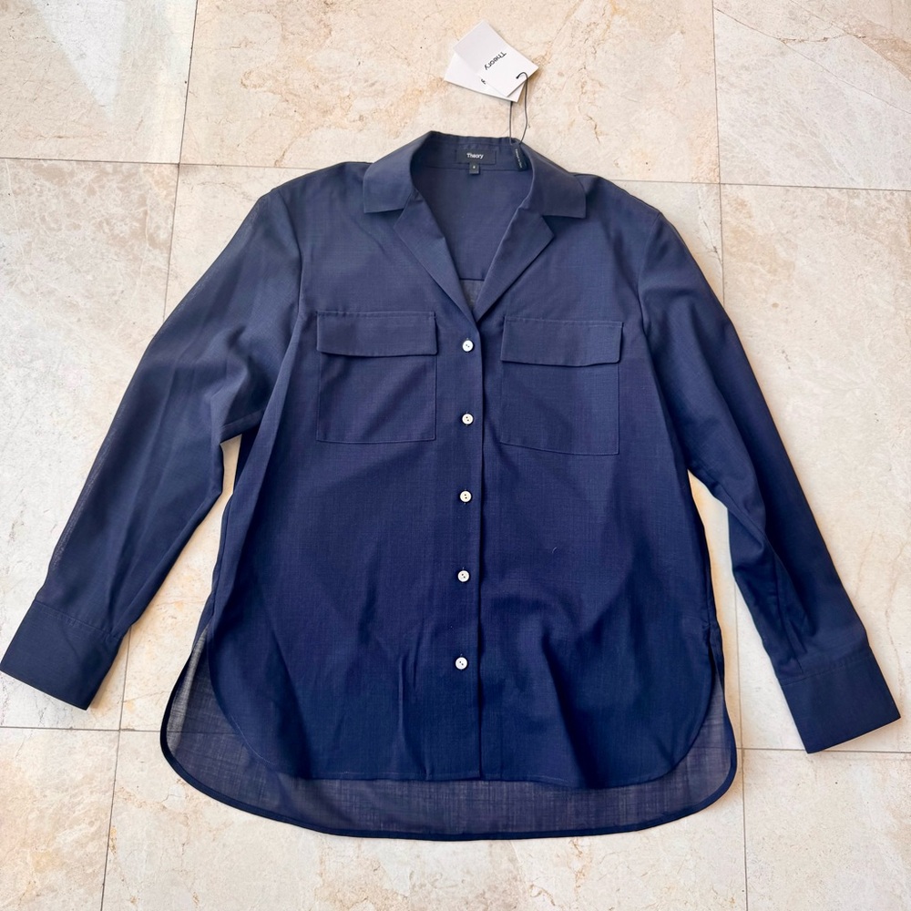 Theory Notch Navy Blue Semi Sheer Shirt size S